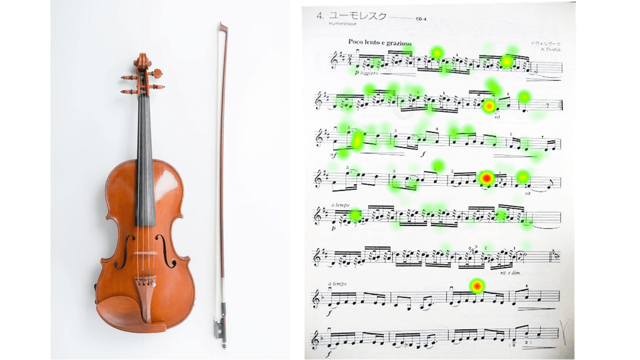 A heat map visualizes where the violin teacher was looking during the performance.