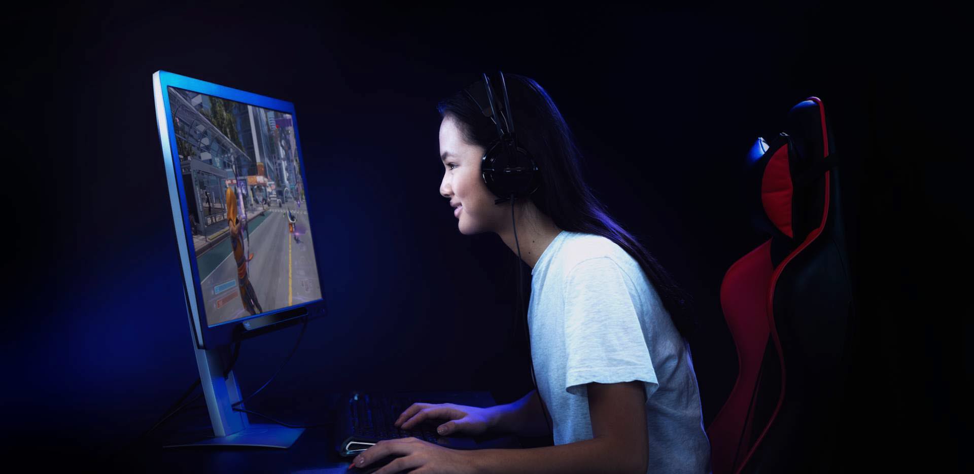 A woman is playing the video game