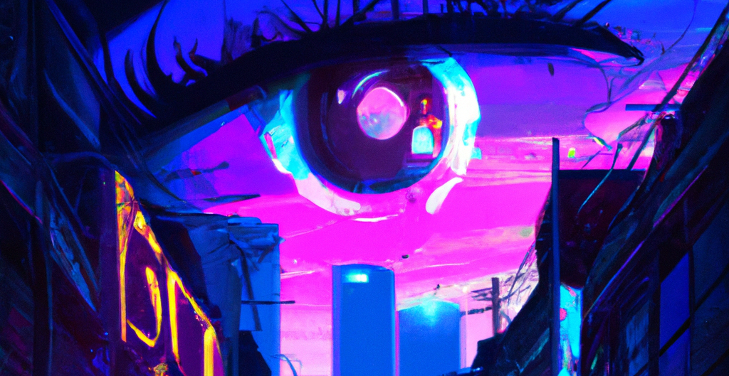 I cyberpunk illustration of a neon eye poster in a post apocalyptic city