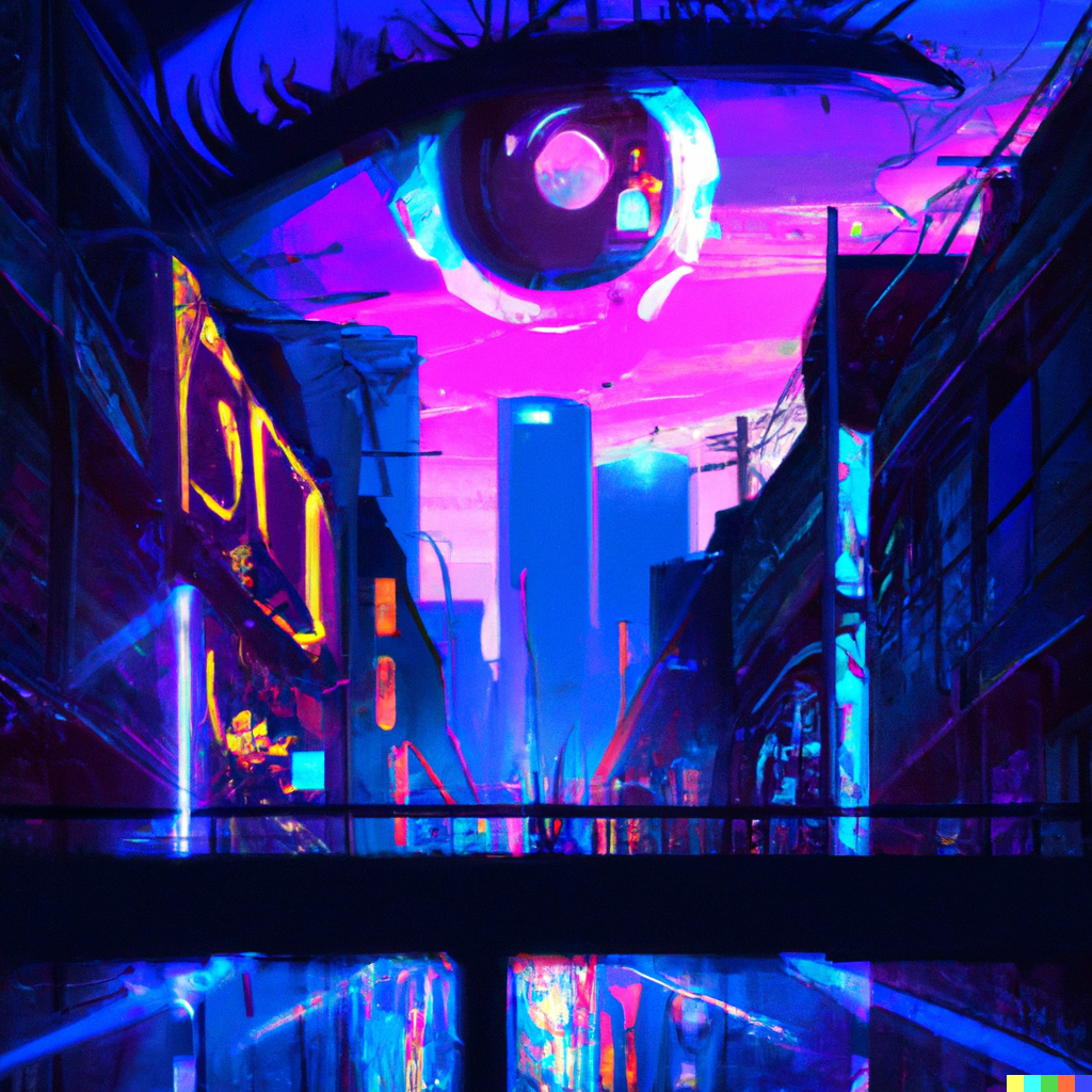 I cyberpunk illustration of a neon eye poster in a post apocalyptic city