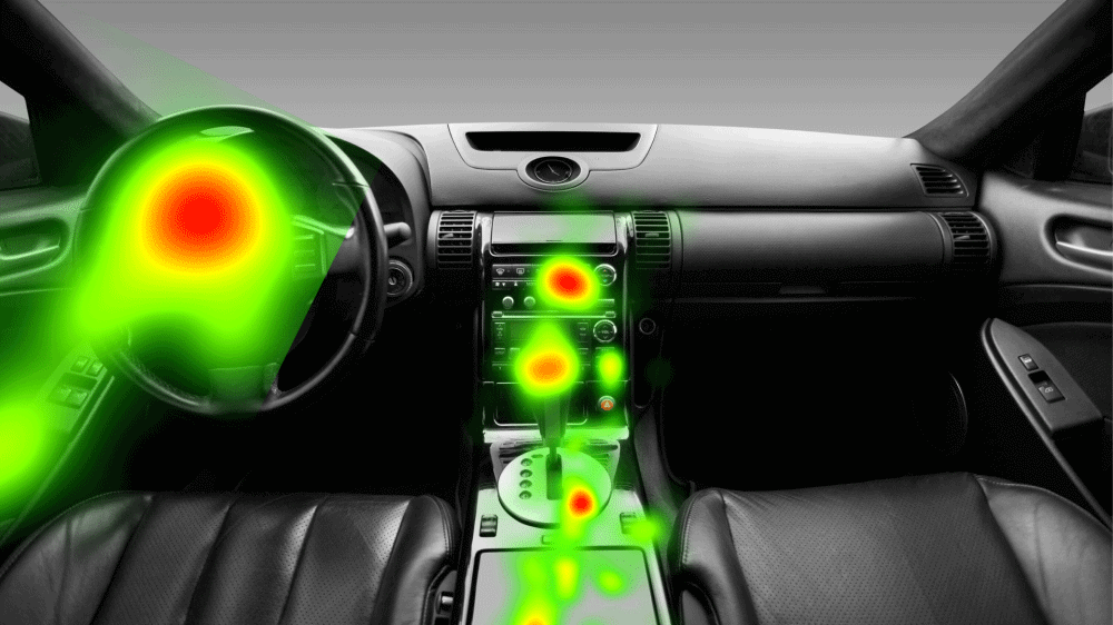 A heat map is used to show the view around the cockpit of a car.
