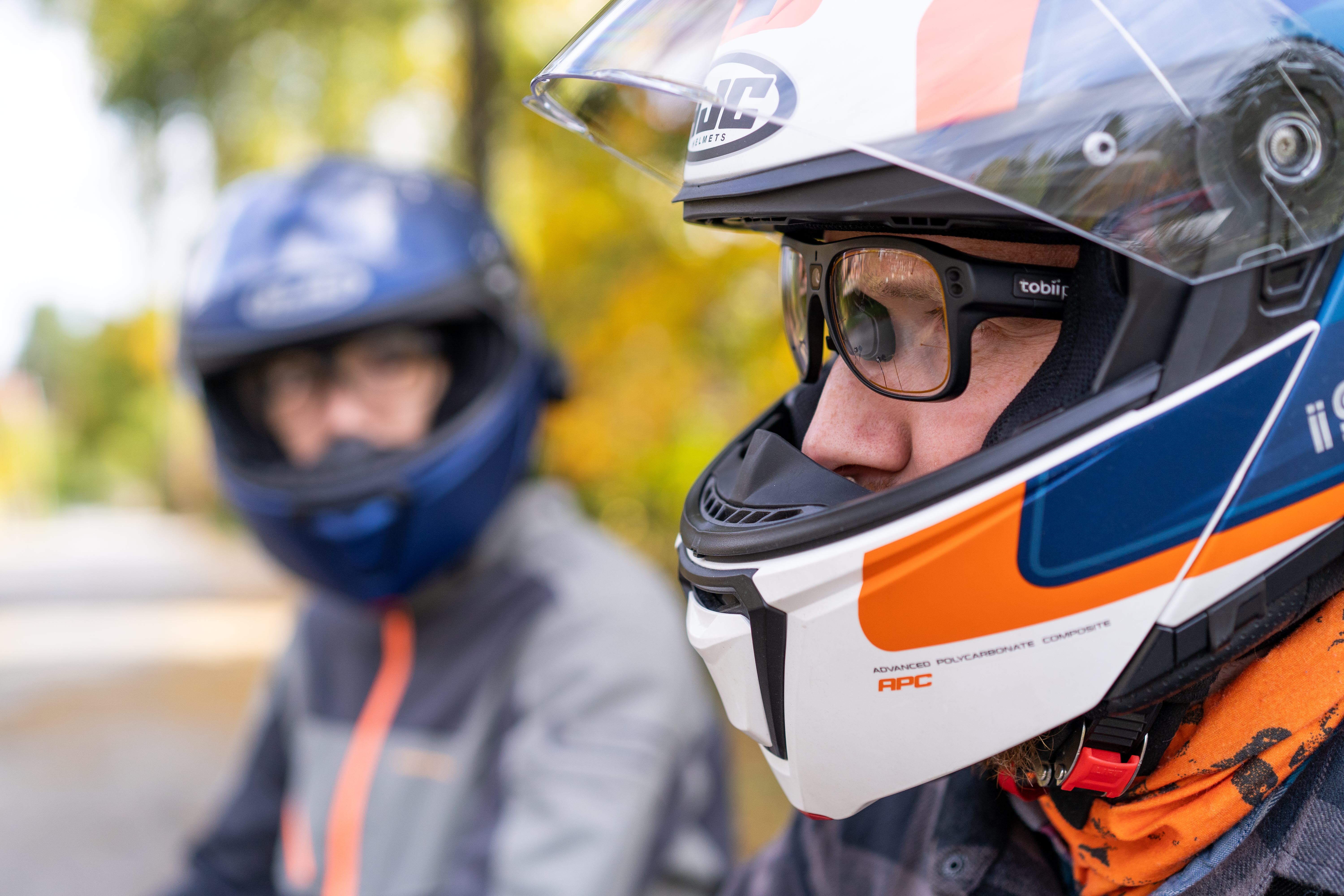 Wearing Tobii Pro Glasses 3 with a motorcycle helmet