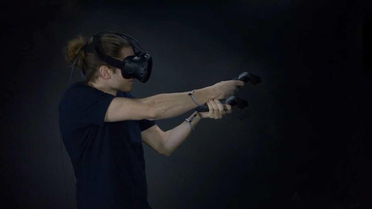 Person playing a game with a VR headset