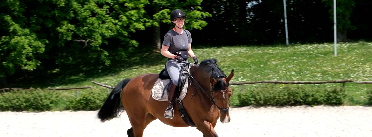 Person wearing Tobii Pro Glasses 3 while riding a horse